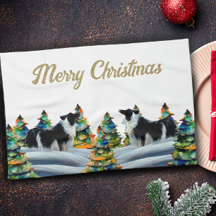 Border Collie in Winter Snow Forest Christmas Tree Tea Towel