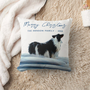 Border Collie in Winter Snow Merry Christmas Cushion