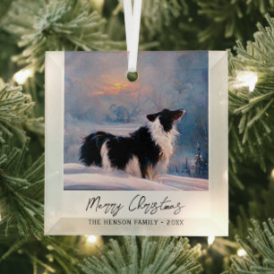 Border Collie in Winter Snowy Landscape Christmas Glass Tree Decoration