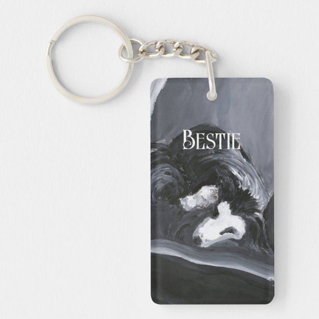  Border Collie Laying Down Painting Personalised Key Ring (Front)