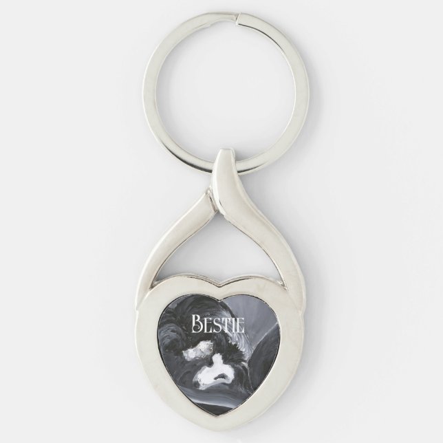  Border Collie Laying Down Painting Personalised Key Ring (Front)