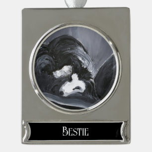  Border Collie Laying Down Painting Personalised Silver Plated Banner Ornament