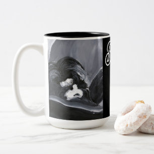 Border Collie Laying Down Painting Personalised Two-Tone Coffee Mug