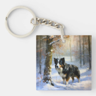 Border Collie Let It Snow Christmas Key Ring
