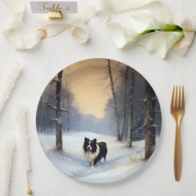 Border Collie Let It Snow Christmas Paper Plate (Wedding)