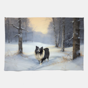 Border Collie Let It Snow Christmas Tea Towel