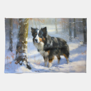 Border Collie Let It Snow Christmas Tea Towel