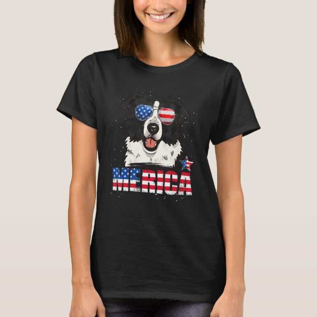 Border Collie Merica Usa Flag 4th Of July  Dog Pup T-Shirt (Front)