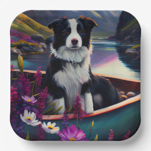 Border Collie on a Paddle: A Scenic Adventure Paper Plate