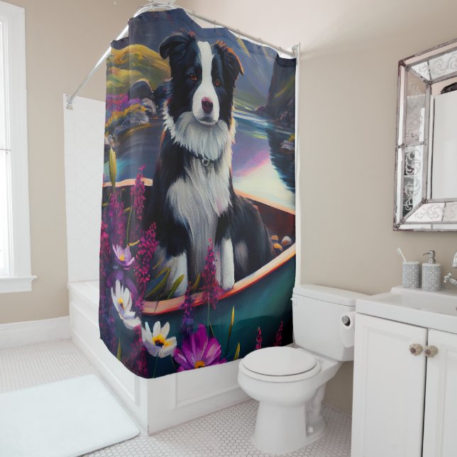 Border Collie on a Paddle: A Scenic Adventure Shower Curtain (In Situ)