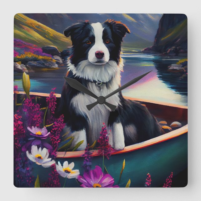 Border Collie on a Paddle: A Scenic Adventure Square Wall Clock (Front)