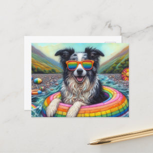 Border Collie on a Rainbow Colour Float Postcard