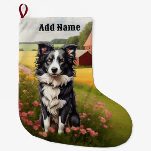 Border Collie on Farm Large Christmas Stocking