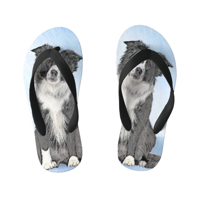 Border Collie Painting - Cute Original Dog Art Kid's Flip Flops (Footbed)