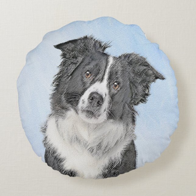Border Collie Painting - Cute Original Dog Art Round Cushion (Back)