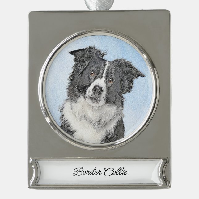 Border Collie Painting - Cute Original Dog Art Silver Plated Banner Ornament (Front)