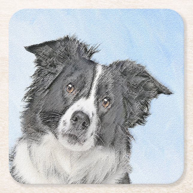 Border Collie Painting - Cute Original Dog Art Square Paper Coaster (Front)