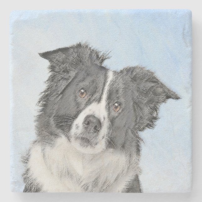 Border Collie Painting - Cute Original Dog Art Stone Coaster (Front)