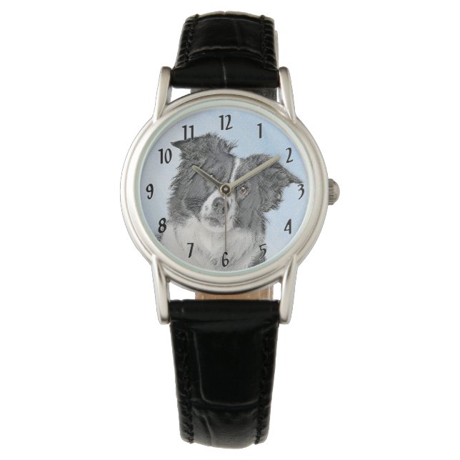Border Collie Painting - Cute Original Dog Art Watch (Front)