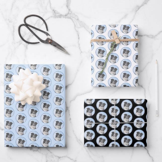 Border Collie Painting - Cute Original Dog Art Wrapping Paper Sheet (Front)