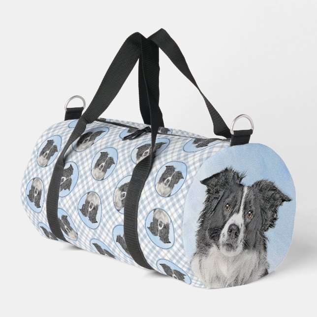 Border Collie Painting Rough Black & White Dog Art Duffle Bag (Left Corner)