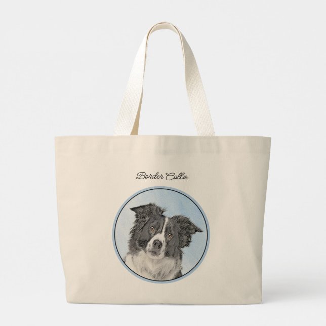 Border Collie Painting Rough Black & White Dog Art Large Tote Bag (Back)