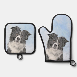 Border Collie Painting Rough Black & White Dog Art Oven Mitt & Pot Holder Set