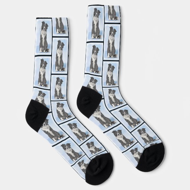 Border Collie Painting Rough Black & White Dog Art Socks (Right)