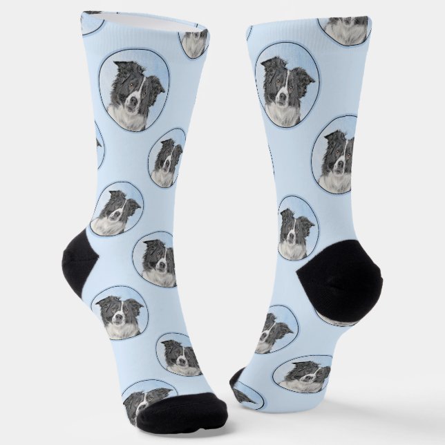 Border Collie Painting Rough Black & White Dog Art Socks (Angled)