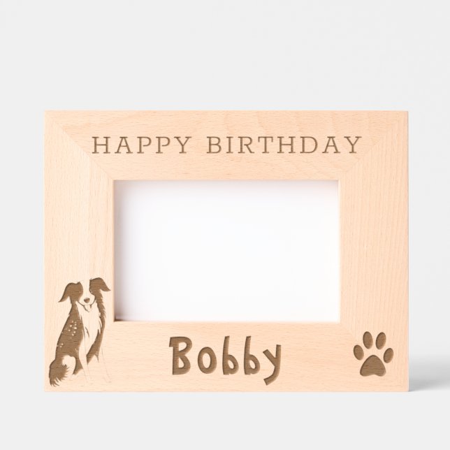 Border Collie Paw Print Happy Birthday  Etched Frames (Front)