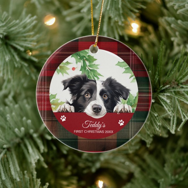 Border Collie Personalised First Christmas Ceramic Tree Decoration (Tree)