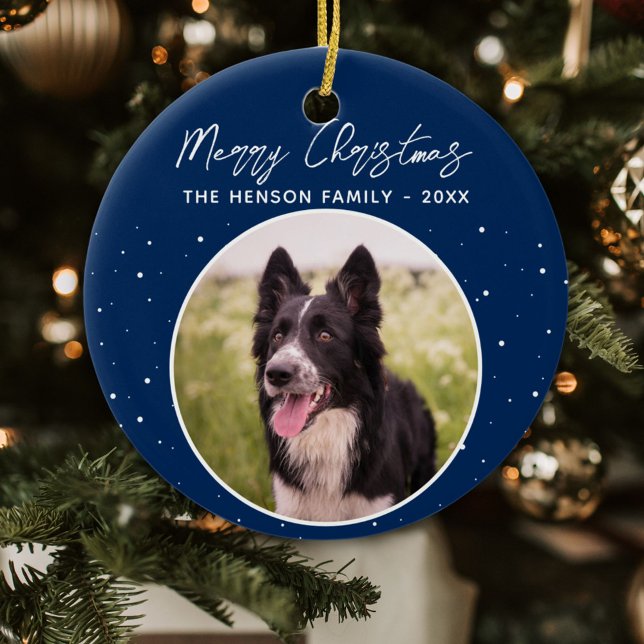 Border Collie Photo Family Merry Christmas Blue Ceramic Tree Decoration (Creator Uploaded)