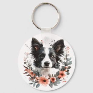 Border Collie Portrait with Floral Frame Key Ring