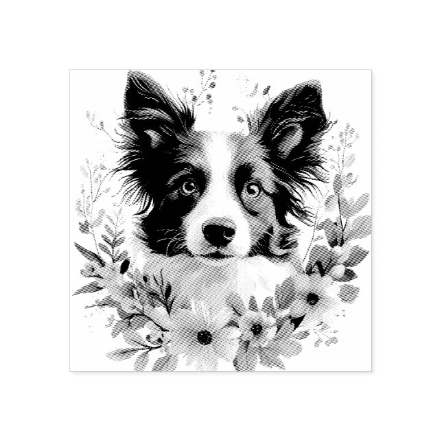  Border Collie Portrait with Floral Frame Rubber Stamp (Imprint)