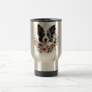 Border Collie Portrait with Floral Frame Travel Mug