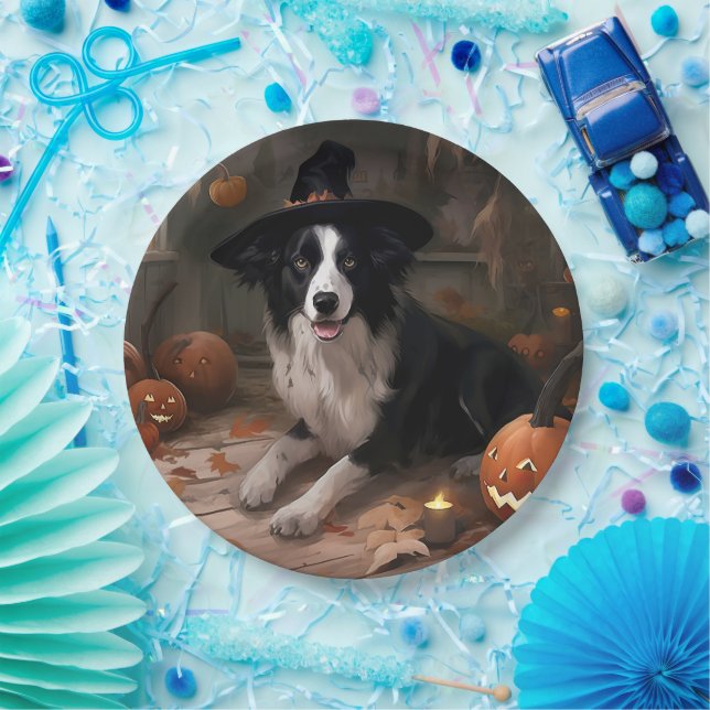 Border Collie Pumpkins Halloween Scary  Paper Plate (Party)