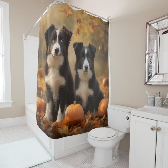 Border Collie Puppy Autumn Delight Pumpkin Shower Curtain (In Situ)