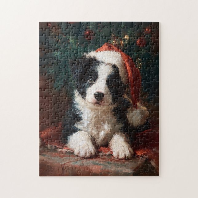 Border Collie Puppy Christmas Painting Jigsaw Pu Puzzle (Vertical)