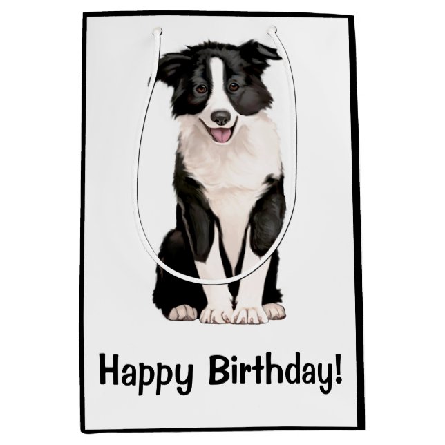 Border Collie Puppy Happy Birthday Medium Gift Bag (Front)