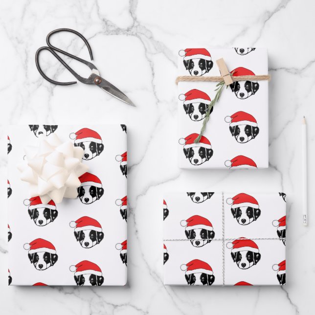 Border Collie Puppy Santa Hat Wrapping Paper Sheet (Front)