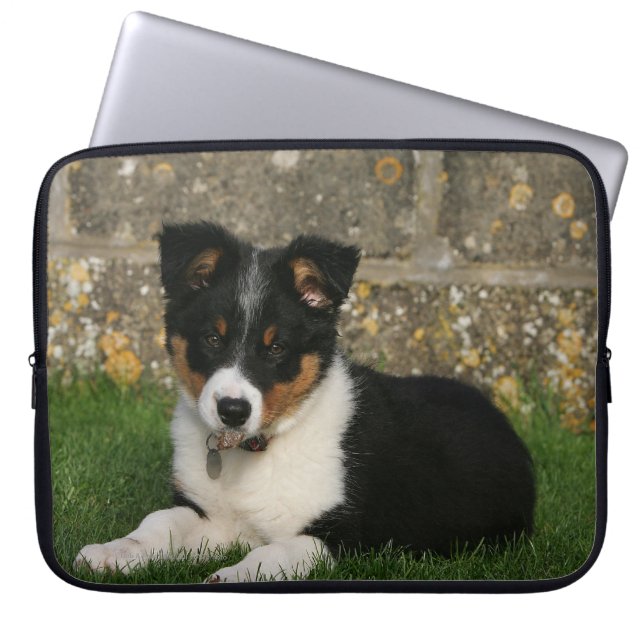 Border Collie Puppy with Leaf in Mouth Laptop Sleeve (Front)