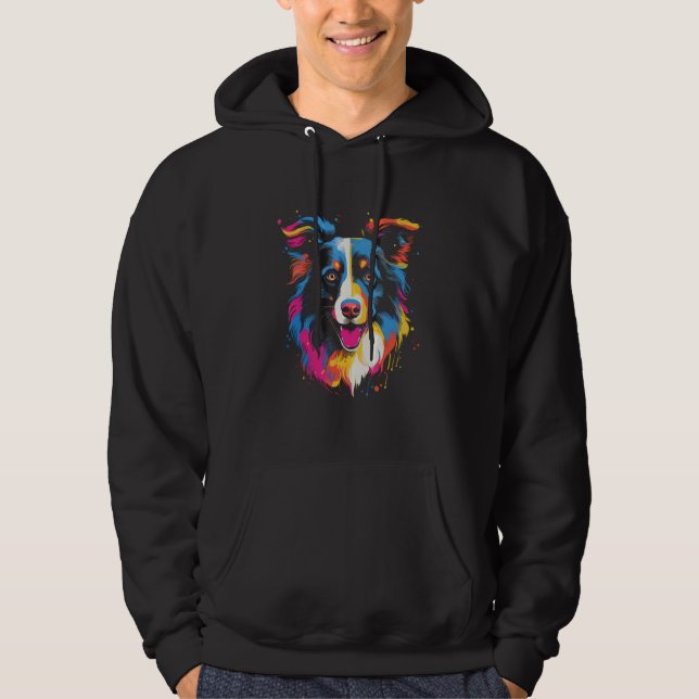 Border Collie Rainbow Color Splashes Retro Design Hoodie (Front)