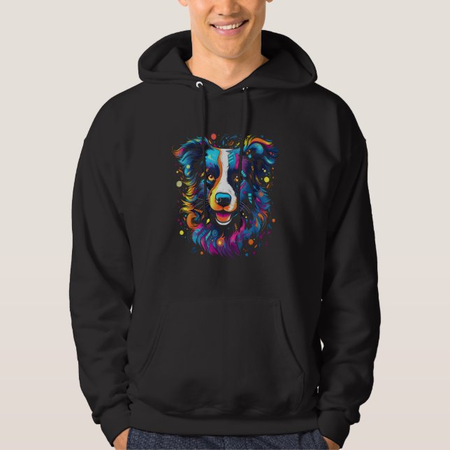 Border Collie Rainbow Colors Splashes Retro Design Hoodie (Front)