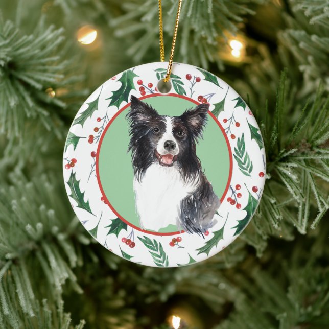 Border Collie Red Berry Holly Border Ceramic Tree Decoration (Tree)