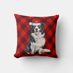 Border Collie Red Buffalo Plaid Christmas Dog Cushion