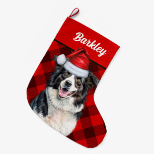 Border Collie Red Buffalo Plaid with Dog's Name Large Christmas Stocking