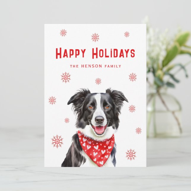 Border Collie Red Heart Bandana Christmas  Holiday Card (Standing Front)