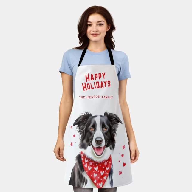 Border Collie Red Heart Bandanna Christmas  Apron (Worn)