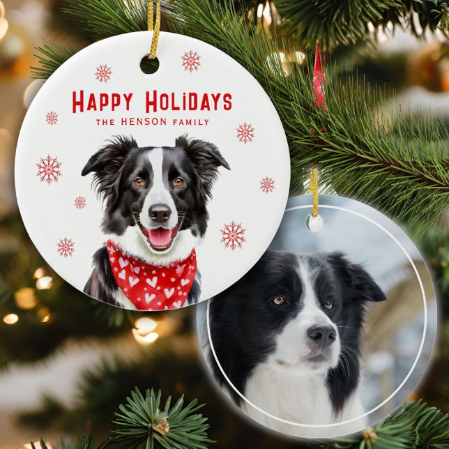Border Collie Red Heart Bandanna Christmas Photo Ceramic Tree Decoration (Creator Uploaded)