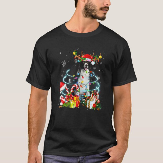 Border Collie Reindeer Christmas Tree Lights Pajam T-Shirt (Front)